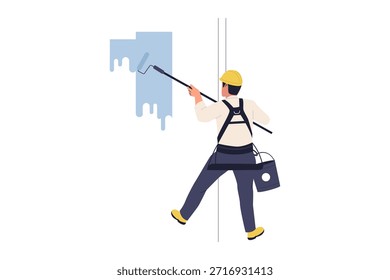 Ilustração de Pintor Profissional Trabalhando em Altura com Segurança Harness Pintura Parede de Edifício de Elevação Alta. Serviço de Renovação Exterior e Manutenção de Construção Ilustração plana