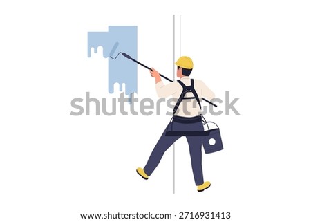 Illustration of Professional Painter Working at Height with Safety Harness Painting High Rise Building Wall. Exterior Renovation and Construction Maintenance Service Flat Illustration