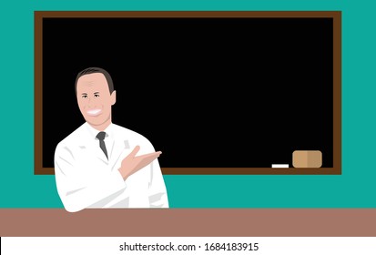 An illustration of a professional teacher, lecturer or doctor giving a speech, explaining to the classroom while showing the blackboard with hand template. Man with white coat in front of blackboard. 