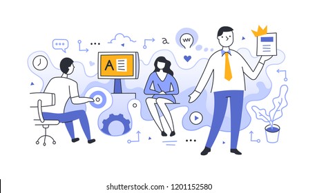 Illustration of a professional team producing high-quality content. Concept of content creation for web banners, hero images, printed materials