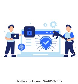 Illustration of a professional team securing digital information using advanced technology and strategic solutions.