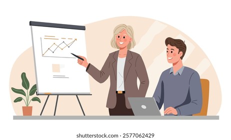 An illustration of a professional team working together. A woman in a blazer presents a graph on a whiteboard, while a colleague at a desk with a laptop listens attentively. The design symbolizes team