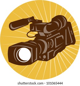 Illustration of a professional video camera camcorder recorder done in retro style set inside circle.