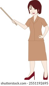 Ilustración de una mujer profesional que sostiene un palo de puntero, con atuendo formal de oficina. El personaje tiene una pose segura, cabello corto y una sonrisa amigable, lo que lo hace ideal para la educación, el cuerpo