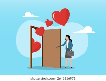 An illustration of a professional woman opening a door, revealing floating red hearts behind it. The image symbolizes emotional openness and finding love