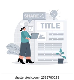 An illustration of a professional woman standing with a laptop, sharing creative ideas for projects, and managing content. - Powered by Shutterstock - Get 15% off with code: PIKWIZARD15