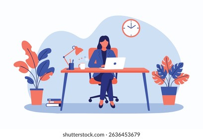 An illustration of a professional woman working diligently at her desk with a laptop, surrounded by office decor and potted plants.