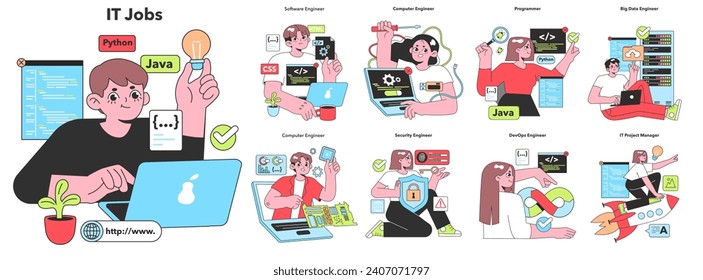 Illustration of IT professionals in action, highlighting roles like software engineer and security expert, captures the dynamic essence of the tech industry.