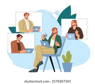 Illustration of professionals in a virtual meeting setup, communicating via laptops. Flat design with plants and abstract background. Collaboration concept. Vector illustration.