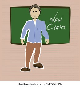 illustration of a professor at the beginning of class, text on the board or new Teacher