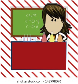 illustration of a professor of chemistry in the laboratory and equations on the board