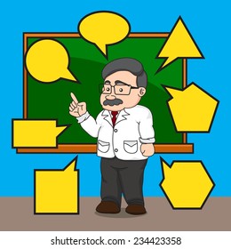 illustration of a professor or teacher at a chalkboard with text box in classroom