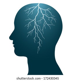 Illustration of the profile of a human head with a lightning flash inside, isolated headache seizure epilepsy