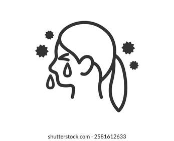 Illustration of a profile icon (line drawing) of a woman suffering from hay fever.