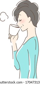 Illustration of a profile of a woman drinking coffee in a mug