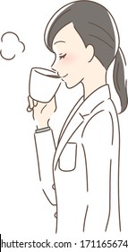 Illustration of a profile of a woman drinking coffee in a muck cup