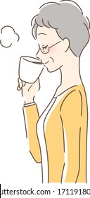 Illustration of a profile of a woman drinking coffee in a muck cup