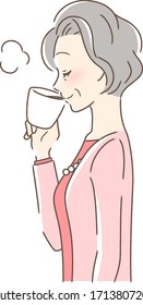 Illustration of a profile of a woman drinking coffee in a muck cup