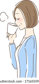 Illustration of a profile of a woman drinking coffee in a mug cup