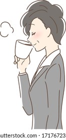 Illustration of a profile of a woman drinking coffee in a mug cup