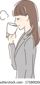 Ilustración de un perfil de una mujer tomando café en una taza de taza de taza.