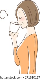 Illustration of a profile of a woman drinking coffee in a mug cup