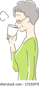 Illustration of a profile of a woman drinking coffee in a mug cup