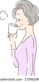 Illustration of a profile of a woman drinking coffee in a mug cup