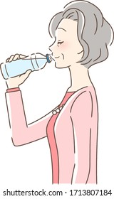 Illustration of a profile of a woman drinking pet bottle water