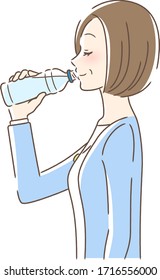 Illustration of a profile of a woman drinking pet bottle water