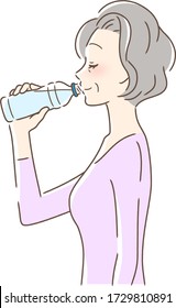Illustration of a profile of a woman drinking pet bottle water