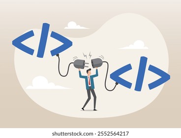 An illustration of programmer connect socket between coding program. API, application programming interface to connect between software or application. Software development