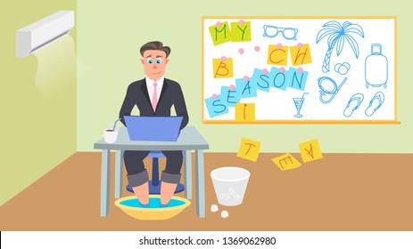 Illustration with a programmer dreaming of a summer holiday.