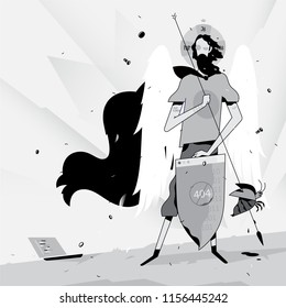 Illustration of a programmer in the image of a saint. Vector illustration. The programmer catches errors and bugs. Saint protects against viruses. The Holy Guardian of the IT industry. Humor.