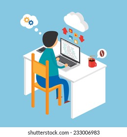 Illustration of a programmer sitting at the desk and working on the laptop, isometric style