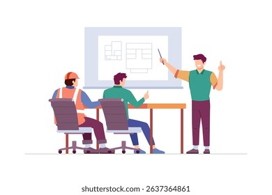 Illustration of a project manager presenting plans to a construction team during a meeting - Powered by Shutterstock - Get 15% off with code: PIKWIZARD15
