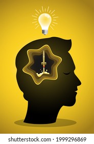 Ilustración de Project Startup. Lanzamiento de buques de cohetes desde la cabeza, vector de arte de papel e ilustración