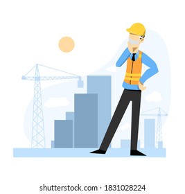 ilustración de un trabajador de proyecto con un fondo de construcción de edificios