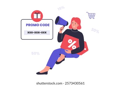 Illustration of promo code voucher. Illustrations for websites, landing pages, mobile apps, posters and banners. Trendy flat vector illustrations