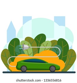 Illustration to promote the idea of eco-friendly transport. Green electric car on the background of plants and the cityscape. Vector flat illustration.