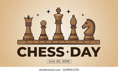 Illustration promoting International Chess Day, showcasing chess pieces and the event's date prominently.
