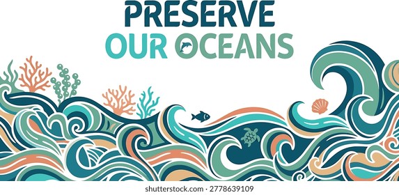 Illustration promoting ocean conservation with marine life and waves
