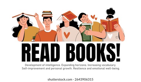 Illustration promoting reading with diverse people enjoying books. Emphasizes intelligence, vocabulary growth, personal development, resilience, and emotional well-being through reading.