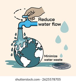 Illustration promoting water conservation, a hand reduces water flow from a faucet over the Earth, emphasizing the message "Reduce water flow Minimize water waste." Eco-friendly design.