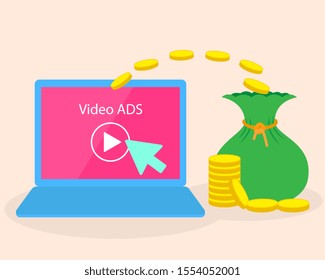 illustration of promotion video advertise get money income. passive income from technology