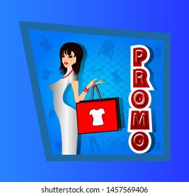 Illustration. Promotional campaign .. Sale. A girl in a silver dress holds a bag with a purchase. Vector full color graphics.