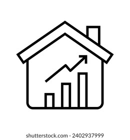 Ilustración del aumento del precio de la vivienda y la propiedad, vivienda con un vector de icono de gráfico aumentado