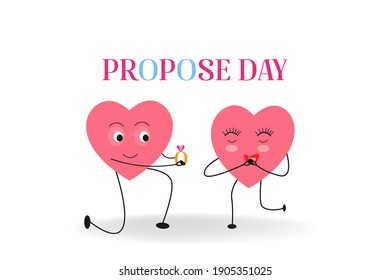 illustration of propose day cartoon style boy proposing to girl colorful background with , heart shape, table and chairs rose flowers vector.
