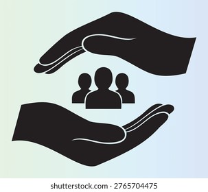 Illustration of protective hands cradling a group of people symbolizing support and community care