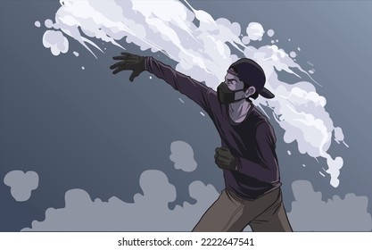 illustration of Protester throwing a  tear gas back at the police - vector